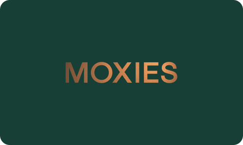Moxies logo on a forest-green background color